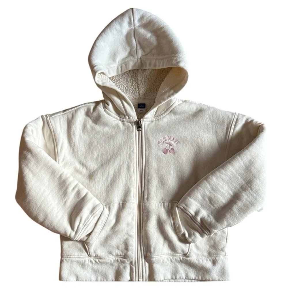 OLD NAVY GIRLS SERPA LINED FULL ZIP HOODED JACKET FRONT POCKETS CREAM LG (10-12)